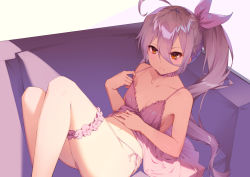 Rule 34 | 1girl, absurdres, ahoge, babydoll, blush, breasts, choker, cleavage, closed mouth, collarbone, couch, flat chest, frown, girls&#039; frontline, hair between eyes, hair ribbon, hand on own stomach, highres, lingerie, long hair, looking at viewer, lying, navel, on back, on couch, panties, pink babydoll, pink hair, pkp (girls&#039; frontline), red eyes, ren huozhe, ribbon, ribbon choker, side ponytail, sleeveless, small breasts, solo, thigh strap, thighs, underwear