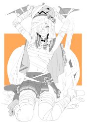 Rule 34 | 1girl, absurdres, arms up, asimo (hakurei10201), bandaged arm, bandaged chest, bandaged foot, bandaged leg, bandages, blush, boots, braid, breasts, capelet, closed mouth, g36c (burning-eyed g36c) (girls&#039; frontline), g36c (girls&#039; frontline), girls&#039; frontline, grey hair, grin, h&amp;k g36c, hair ornament, hair over one eye, highres, jack-o&#039;-lantern, long bangs, long hair, monochrome, navel, official alternate costume, orange background, pleated skirt, pumpkin hat, single barefoot, single boot, single braid, sitting, skirt, skull hair ornament, smile, solo, spot color, torn clothes, torn skirt, very long hair, wariza