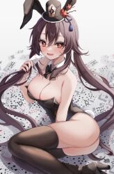Rule 34 | 1girl, absurdres, alternate costume, animal ears, bad id, bad pixiv id, bare arms, bare shoulders, black bow, black bowtie, black footwear, black hat, black leotard, black thighhighs, boo tao (genshin impact), bow, bowtie, breasts, brown hair, card, cleavage, collar, commentary, detached collar, elbow rest, fake animal ears, fake tail, fang, feet out of frame, flower, flower-shaped pupils, genshin impact, hat, hat branch, hat flower, hat tassel, high heels, highleg, highleg leotard, highres, holding, holding card, holding own hair, hu tao (genshin impact), leotard, long hair, looking at viewer, medium breasts, mini hat, open mouth, playboy bunny, playing card, plum blossoms, rabbit ears, rabbit tail, raised eyebrows, red eyes, red flower, sa-ya2, simple background, sitting, skin fang, smile, solo, strapless, strapless leotard, symbol-shaped pupils, tail, thighhighs, thighs, twintails, very long hair, white background, white collar