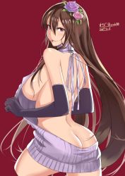 Rule 34 | 10s, 1girl, aran sweater, ass, backless outfit, bare back, bare shoulders, breasts, brown hair, butt crack, cable knit, covered erect nipples, dress, elbow gloves, female focus, flower, gloves, granblue fantasy, grey sweater, hair between eyes, hair flower, hair ornament, halterneck, highres, large breasts, long hair, looking at viewer, meme attire, naked sweater, no bra, no panties, purple eyes, red background, rosetta (granblue fantasy), sideboob, simple background, surock, sweater, sweater dress, thighs, tongue, tongue out, turtleneck, turtleneck sweater, virgin killer sweater