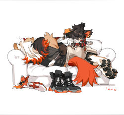 Rule 34 | 2boys, aak (arknights), absurdres, animal ears, arknights, black footwear, black vest, boots, brown pants, chinese commentary, closed eyes, coat, commentary request, couch, dog ears, earrings, eyeshadow, facing away, full body, furry, furry male, highres, hung (arknights), jewelry, makeup, multicolored hair, multiple boys, orange footwear, pants, pawpads, red eyeshadow, red hair, shadow, shoes, unworn shoes, simple background, sleeping, sleeping on person, sneakers, streaked hair, striped fur, tail, vest, white background, white coat, white hair, yu yanshu