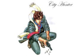 Rule 34 | 1980s (style), 1990s (style), 1boy, blue shirt, brown eyes, brown hair, bullet, cigarette, city hunter, copyright name, gun, handgun, houjou tsukasa, jacket, kneeling, looking at viewer, looking up, male focus, necktie, oldschool, on one knee, pants, python .357 magnum, red necktie, retro artstyle, revolver, saeba ryou, scarf, shirt, shoes, short hair, simple background, sleeves rolled up, smile, smoking, solo, tuxedo, weapon, white background, yellow scarf