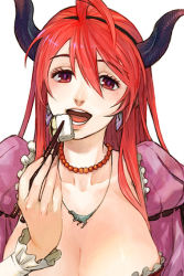 Rule 34 | 10s, 1girl, ahoge, asami you, breasts, chopsticks, cleavage, demon girl, dinosaur, earrings, eating, food, hairband, horns, huge ahoge, huge breasts, jewelry, lips, long hair, maou (maoyuu), maoyuu maou yuusha, necklace, open mouth, pearl necklace, red eyes, red hair, solo, sushi