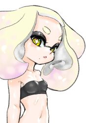 Rule 34 | 1girl, alternate costume, bare shoulders, breasts, bright pupils, collarbone, commentary request, crop top, eyelashes, gradient hair, highres, inkling, koharu2.5, medium hair, mole, mole under mouth, multicolored hair, navel, nintendo, parted lips, pearl (splatoon), pink hair, simple background, skin tight, small breasts, solo, splatoon (series), splatoon 2, star-shaped pupils, star (symbol), symbol-shaped pupils, teeth, tentacle hair, thick eyebrows, two-tone hair, upper body, white background, white hair, white pupils, yellow eyes