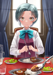 Rule 34 | 1girl, aqua bow, aqua bowtie, blouse, blue bow, blue bowtie, bow, bowtie, curry, curry rice, curtains, dress, egg, food, forehead, glass, grey hair, halterneck, holding, holding spoon, indoors, jar, kantai collection, lettuce, looking at another, mayura (lucadia), mole, mole on neck, plate, pleated dress, rice, salad, shirt, short hair, sitting, solo, spoon, swept bangs, tamanami (kancolle), tomato, water, white shirt, window, yellow eyes