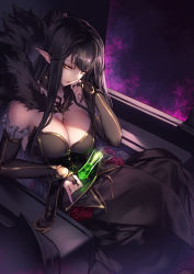 Rule 34 | 1girl, bare shoulders, black dress, black hair, breasts, bridal gauntlets, champagne flute, cleavage, commentary request, cup, detached sleeves, dress, drinking glass, fate/apocrypha, fate/grand order, fate (series), frills, fur trim, genyaky, hand on own cheek, hand on own face, head tilt, highres, jewelry, large breasts, long dress, necklace, pointy ears, poison, queen, semiramis (fate), signature, sitting, solo, throne, throne room, yellow eyes