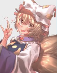 Rule 34 | 1girl, :d, animal hat, blonde hair, blush, breasts, commentary request, dress, fang, fox shadow puppet, fox tail, frilled shirt collar, frills, grey background, hand up, hat, heart, highres, long sleeves, looking at viewer, masanaga (tsukasa), medium breasts, mob cap, multiple tails, ofuda, open mouth, simple background, smile, solo, tabard, tail, touhou, upper body, white dress, white hat, wide sleeves, yakumo ran, yellow eyes