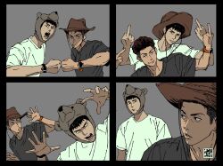 Rule 34 | 2boys, bear hat, beomtu2443, black eyes, black hair, brown eyes, brown hair, closed mouth, cowboy hat, dark-skinned male, dark skin, earrings, fist bump, grey background, grey shirt, hat, highres, jewelry, looking at another, looking at viewer, male focus, middle finger, mitsui hisashi, miyagi ryouta, multiple boys, multiple views, open hand, open mouth, scar, scar on chin, scar on face, shirt, short hair, simple background, slam dunk (series), smile, stud earrings, undercut, upper body, watch, wavy hair, white shirt, wristwatch