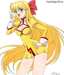 Rule 34 | 1girl, agent aika, aika (series), aino minako, arm up, bad id, bad pixiv id, bishoujo senshi sailor moon, blonde hair, blue eyes, bow, breasts, cleavage, cleavage cutout, clothing cutout, commentary request, cosplay, covered erect nipples, covered navel, cowboy shot, crossover, dated, delmo, delmogeny uniform, dress, earrings, female focus, ginko (silver fox), golden delmo, hair bow, hand on own hip, jewelry, juliet sleeves, latex, legs, long hair, long sleeves, looking at viewer, medium breasts, open mouth, puffy sleeves, red bow, simple background, solo, stud earrings, uniform, v, watermark, web address, white background, yellow dress