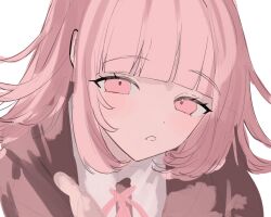 1girl :o blunt_bangs brown_jacket danganronpa_(series) danganronpa_2:_goodbye_despair flipped_hair highres ibushi_(kuyuru_29) jacket medium_hair nanami_chiaki neck_ribbon no_hair_ornament open_clothes open_jacket pink_eyes pink_hair pink_ribbon portrait ribbon simple_background solo white_background