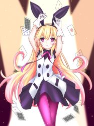 Rule 34 | 1girl, ace (playing card), ace of hearts, animal ears, arms up, azure striker gunvolt, blonde hair, card, commentary request, dress, empty eyes, expressionless, fake animal ears, gloves, hairband, heart, highres, langley1000, long hair, pantera (gunvolt), playing card, ribbon, solo, thighs, very long hair, white gloves, zonda (gunvolt)