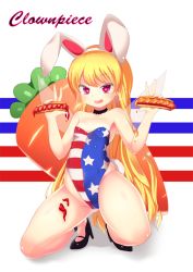 Rule 34 | &gt;:d, 1girl, :d, adapted costume, alternate costume, american flag, animal ears, ankle cuffs, blonde hair, breasts, rabbit ears, rabbit tail, carrot, character name, choker, clownpiece, double v, eila yagyu, fairy wings, fake animal ears, flag print, flat chest, full body, heart, heart-shaped pupils, high heels, hot dog, long hair, naughty face, open mouth, pink eyes, playboy bunny, sexually suggestive, small breasts, smile, solo, squatting, star (symbol), striped, symbol-shaped pupils, tail, thick thighs, thighs, touhou, tsurime, v, v-shaped eyebrows, very long hair, wings