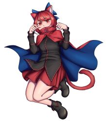 Rule 34 | 1girl, absurdres, animal ear fluff, animal ears, black footwear, black shirt, blue bow, blue cape, blush, bow, cape, cat ears, cat tail, commentary, commission, english commentary, full body, hair bow, hands up, highres, kemonomimi mode, long sleeves, looking at viewer, mefomefo, paw pose, red cape, red eyes, red hair, red skirt, second-party source, sekibanki, shirt, shoes, short hair, simple background, skirt, solo, tail, touhou, two-sided cape, two-sided fabric, unfinished dream of all living ghost, white background