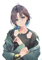 Rule 34 | 1girl, absurdres, ahoge, aqua eyes, asakura toru, bad id, bad pixiv id, black hair, black shirt, blue hair, blue jacket, closed mouth, denim, denim jacket, earrings, gradient hair, hand on own arm, head tilt, highres, idolmaster, idolmaster shiny colors, jacket, jewelry, long hair, long sleeves, multicolored hair, open clothes, open jacket, parted bangs, ring, shirt, simple background, smile, solo, upper body, white background, yoshito