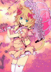 Rule 34 | 1girl, animal ears, blonde hair, cat ears, cat tail, cover, cover page, dress, gloves, looking at viewer, mamecchi, neko no wakusei, original, parasol, short hair, solo, tail, thighhighs, umbrella