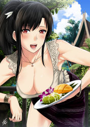 Rule 34 | 1girl, armpits, bad id, bad pixiv id, bare shoulders, black hair, blush, bracelet, breasts, cleavage, cloud, cloudy sky, collarbone, commentary, day, flower, food, highres, holding, holding food, jewelry, large breasts, leaning forward, long hair, looking at viewer, mango, naye (xter), necklace, open mouth, original, outdoors, plate, ponytail, red eyes, rice, sky, smile, solo, standing, tank top, traditional media, xter