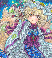 Rule 34 | 1girl, :o, animal hat, blonde hair, blue background, blue tabard, center frills, cowboy shot, dress, fox tail, frilled sleeves, frills, glowing, green brooch, hat, long sleeves, looking at viewer, marker (medium), mob cap, multiple tails, open mouth, rui (sugar3), sample watermark, short hair, sleeves past fingers, sleeves past wrists, solo, tabard, tail, tassel, touhou, traditional media, watermark, white dress, white hat, wide sleeves, yakumo ran, yellow eyes