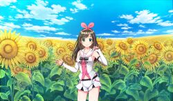 1girl blue_sky brown_hair cinderella_series closed_mouth cloud crossover detached_sleeves field flower flower_field game_cg hachigatsu_no_cinderella_nine hairband highres kizuna_ai kizuna_ai_inc. long_hair looking_at_viewer multicolored_hair navel non-web_source official_art outdoors pink_hair pink_hairband sailor_collar shorts sky smile solo standing sunflower sunflower_field white_sailor_collar