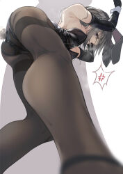 Rule 34 | 1girl, animal ears, ass, bent over, black gloves, blurry, blurry foreground, breasts, cleavage, elbow gloves, fake animal ears, feet out of frame, foreshortening, from below, gloves, grey hair, kneepits, large breasts, leather, legs, leotard, looking at viewer, original, pantyhose, playboy bunny, purple eyes, rabbit ears, rabbit tail, simple background, tail, thighs, unimon e