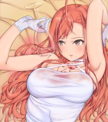 Rule 34 | 1girl, alcohol, antenna hair, arisugawa natsuha, arm up, armpits, bed, bed sheet, black eyes, breasts, collarbone, cup, dress, drinking glass, gloves, half gloves, halter dress, halterneck, holding, holding cup, idolmaster, idolmaster shiny colors, lace, lace gloves, large breasts, light blush, loeldrive, long hair, lying, on back, on bed, orange hair, see-through, sleeveless, sleeveless dress, solo, stain, stained clothes, upper body, wet, wet clothes, white dress, wine, wine glass