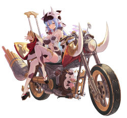 Rule 34 | 1girl, absurdres, animal ears, animal hat, black footwear, blue hair, breasts, catura (granblue fantasy), cleavage, cow, cow ears, cow girl, cow hat, crop top, detached sleeves, draph, earrings, full body, fuwawa (fuwawa617), gold trim, granblue fantasy, hat, highleg, highres, jewelry, knee up, large breasts, long hair, long sleeves, looking at viewer, midriff, motor vehicle, motorcycle, navel, orange eyes, parted lips, platform clogs, platform footwear, revealing clothes, sandals, see-through, shirt, short shorts, shorts, sidelocks, simple background, sleeveless, sleeveless shirt, solo, stomach, thighhighs, thighs, white background, white shirt, white shorts, white thighhighs, wide sleeves, zouri