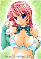 Rule 34 | 1990s (style), 1girl, artist name, bare shoulders, bikini, blue eyes, blush, bow, bowtie, breasts, cleavage, covered erect nipples, detached collar, detached sleeves, female focus, food, fruit, gradient background, hair between eyes, hairband, hasegawa akemi, large breasts, looking at viewer, marker (medium), navel, nightmare77zx, pia carrot (series), pia carrot e youkoso!!, pia carrot e youkoso!! 3, red hair, retro artstyle, short hair, smile, solo, strawberry, swimsuit, traditional media