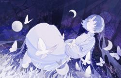 Rule 34 | 1girl, animal, bare tree, blue hair, bug, butterfly, cirrika, closed mouth, colored skin, crescent moon, dress, closed eyes, forest, grass, grey dress, highres, insect, moon, nature, original, see-through, short hair, tree, turtleneck, twitter username, veil, white butterfly, white skin