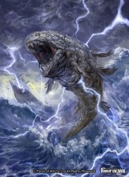 Rule 34 | animal focus, cloud, cloudy sky, copyright name, douzen, electricity, fish, force of will, no humans, official art, open mouth, ship, sky, water, watercraft, yellow eyes