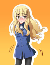 Rule 34 | 00s, 1girl, bad id, bad pixiv id, blonde hair, blush, embarrassed, eyebrows, glasses, long hair, lowres, pantyhose, perrine h. clostermann, solo, strike witches, tsundere, uniform, world witches series, yellow eyes