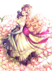 Rule 34 | 1girl, :d, alto seneka, anniversary, blonde hair, bow, breasts, cleavage, curly hair, dragon quest, dragon quest i, dress, earrings, eyebrows, flower, from above, gem, gloves, high heels, jewelry, long hair, looking at viewer, looking up, necklace, open mouth, pink bow, pink flower, pink footwear, princess, princess laura, puffy short sleeves, puffy sleeves, sash, shade, shoes, short sleeves, signature, skirt hold, smile, solo, standing, tiara, white gloves