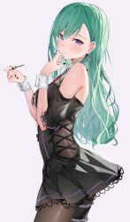 Rule 34 | 1girl, absurdres, bare shoulders, black dress, black nails, bodysuit, breasts, bridal garter, brown pantyhose, closed mouth, clothing cutout, cowboy shot, detached collar, detached sleeves, dress, ear piercing, from side, green hair, hands up, highres, holding, isaya (pixiv4541633), lace, lace-trimmed dress, lace trim, lipstick, long hair, looking at viewer, looking to the side, makeup, medium breasts, nail polish, pantyhose, piercing, pleated dress, purple eyes, short dress, side cutout, smile, solo, underboob cutout, virtual youtuber, vspo!, wrist cuffs, yakumo beni, yakumo beni (2nd costume)