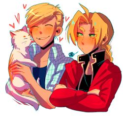 Rule 34 | 2boys, :d, :t, ^ ^, ahoge, alphonse elric, animal, aqua outline, black shirt, blonde hair, blue shirt, blush, braid, brothers, cat, closed eyes, collarbone, collared shirt, crossed arms, edward elric, eyes visible through hair, fingernails, fullmetal alchemist, furrowed brow, half-closed eyes, heart, height difference, highres, holding, holding animal, holding cat, huyandere, jacket, licking, licking another&#039;s cheek, licking another&#039;s face, looking at another, looking to the side, male focus, multiple boys, open mouth, outline, parted bangs, plaid, plaid shirt, pout, red jacket, shaded face, shirt, short sleeves, siblings, side-by-side, simple background, smile, squiggle, tongue, tongue out, upper body, white background, white cat, yellow eyes