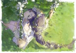 Rule 34 | 10s, 1girl, bad id, bad pixiv id, bare shoulders, blue eyes, braid, chairlog, crown, dress, flower, foreshortening, from above, grass, hair flower, hair ornament, hair vines, long hair, looking at viewer, looking up, love live!, love live! school idol festival, love live! school idol project, plant, purple hair, single braid, smile, solo, swing, thighhighs, tojo nozomi, very long hair, vines