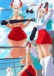 Rule 34 | 1girl, absurdres, bra, breast press, breasts, charge sol, curvy, earrings, female focus, highres, horns, jewelry, large breasts, multicolored hair, one piece, ponytail, socks, tagme, tall female, thick thighs, thighs, two-tone hair, underwear, uniform, white hair, yamato (one piece)