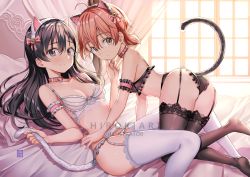 Rule 34 | 2girls, ahoge, all fours, animal ears, artist name, ass, bare shoulders, bed, bell, black bra, black hair, black hairband, black legwear, black panties, blush, bow, bow bra, bra, breasts, brown eyes, brown hair, canopy bed, cat ears, cat girl, cat tail, closed mouth, collar, commentary request, fake animal ears, frilled bra, frilled panties, frills, garter belt, grey eyes, hair bell, hair between eyes, hair bow, hair ornament, hairband, heart o-ring, hiroki (hirokiart), indoors, jingle bell, koito yuu, lace, lace-trimmed bra, lace-trimmed legwear, lace trim, long hair, looking at viewer, lying, medium breasts, multiple girls, nanami touko, no shoes, on back, panties, pillow, pink bow, pink collar, sunlight, tail, thighhighs, underwear, underwear only, watermark, white bra, white hairband, white legwear, white panties, window, yagate kimi ni naru