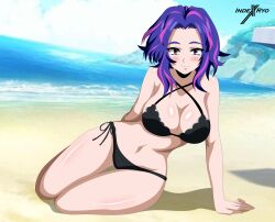 Rule 34 | 1girl, absurdres, beach, blush, boku no hero academia, breasts, female focus, highres, indexryo, lady nagant, large breasts, looking at viewer, multicolored hair, short hair, smile, solo