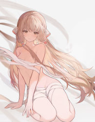 Rule 34 | 1girl, bandages, blonde hair, blush, breasts, brown eyes, chii, chobits, convenient censoring, grey background, hair tubes, highres, long hair, looking at viewer, mada (shizhou), medium breasts, nude, robot ears, sidelocks, simple background, sitting, solo, very long hair