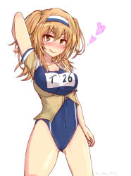 Rule 34 | 10s, 1girl, :q, asymmetrical breasts, bare legs, blush, breasts, brown eyes, hairband, i-26 (kancolle), jacket, kantai collection, kihou no gotoku dmc, large breasts, light brown hair, long hair, name tag, new school swimsuit, one-piece swimsuit, sailor collar, school swimsuit, short sleeves, simple background, solo, swimsuit, tongue, tongue out, two-tone hairband, two side up, white background