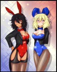 Rule 34 | 2girls, andou (girls und panzer), animal ears, black hair, blue leotard, blush, bow, bowtie, breasts, brown eyes, brown pantyhose, brown thighhighs, cleavage, closed mouth, covered navel, degtyarev, fake animal ears, fake tail, fishnet pantyhose, fishnet thighhighs, fishnets, garter straps, girls und panzer, highres, large breasts, leotard, long hair, looking at another, multiple girls, oshida (girls und panzer), pantyhose, playboy bunny, rabbit ears, rabbit tail, red bow, red bowtie, red leotard, smile, tail, thighhighs, yuri