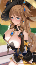 Rule 34 | 1girl, black headwear, blonde hair, blue eyes, breasts, cleavage, commentary request, cowboy shot, detached sleeves, drill hair, drill sidelocks, earrings, genshin impact, highres, index finger raised, jewelry, large breasts, long hair, long sleeves, navia (genshin impact), sidelocks, skai kun, solo, standing, thighs, very long hair