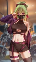 Rule 34 | 1girl, arm behind back, belt, black mask, black shorts, black thighhighs, blurry, blurry background, breasts, clothing cutout, collarbone, commentary, covered collarbone, cowboy shot, cropped jacket, foxyreine, genshin impact, green hair, hair between eyes, hand up, highres, indoors, jacket, kuki shinobu, large breasts, long sleeves, looking at viewer, motor vehicle, motorcycle, navel, o-ring, open clothes, open jacket, patreon logo, patreon username, purple eyes, rope, shimenawa, short shorts, shorts, signature, single bare shoulder, skindentation, solo, standing, tassel, thighhighs, thighs, toned, underboob, underboob cutout, watermark, web address, zipper, zipper pull tab