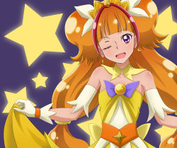 Rule 34 | 1girl, ;d, amanogawa kirara, bare shoulders, choker, cure twinkle, earrings, gloves, go! princess precure, jewelry, jouban minato, looking at viewer, multicolored hair, one eye closed, open mouth, orange hair, precure, purple eyes, red hair, smile, solo, star (symbol), star earrings, twintails, two-tone hair, white gloves
