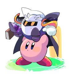 Rule 34 | armor, blush stickers, book, cape, carrying, carrying overhead, carrying person, commentary request, gloves, hakaba (ksni tbn), highres, holding, holding book, kirby, kirby (series), mask, meta knight, nintendo, no humans, pauldrons, shoulder armor, solid oval eyes, white gloves, yellow eyes