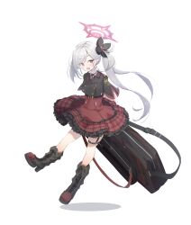 Rule 34 | 1girl, :d, black flower, black footwear, black jacket, blue archive, blush, boots, commentary request, flower, frilled skirt, frills, grey hair, hair flower, hair ornament, halo, high heel boots, high heels, highres, jacket, long hair, looking at viewer, mutsuki (blue archive), neck ribbon, open mouth, plaid, plaid skirt, red eyes, red ribbon, red skirt, ribbon, shadow, shirt, side ponytail, simple background, skirt, smile, solo, swept bangs, toki (yoyobozi), very long hair, white background, white shirt