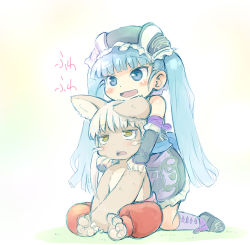 Rule 34 | 1girl, 1other, animal ears, blue eyes, blue hair, brown eyes, character request, furry, kneeling, long hair, looking at another, made in abyss, nanachi (made in abyss), open mouth, sakurabe notos, short hair, sitting, twintails, very long hair, white hair