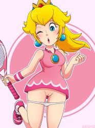 Rule 34 | 1girl, armpit crease, artist name, bare legs, blonde hair, blue eyes, blush, breasts, brooch, cleft of venus, clenched hand, clitoris, crown, dress, earrings, eyelashes, fingernails, hand up, head tilt, highres, holding, holding racket, instastruckt, jewelry, leg up, lips, long fingernails, long hair, looking down, mario (series), mario tennis, mario tennis aces, nintendo, nose, one eye closed, open mouth, outline, panties, panty pull, pink background, pink dress, pink footwear, pink lips, pink wristband, ponytail, princess peach, pussy, racket, sharp fingernails, shoelaces, shoes, short dress, skindentation, sleeveless, sleeveless dress, small breasts, sneakers, solo, sportswear, standing, standing on one leg, sweatband, tennis, tennis racket, tennis uniform, thighs, uncensored, underwear, white footwear, white outline, white wristband, wide hips, wristband
