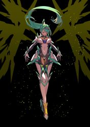 Rule 34 | 1girl, black background, black bodysuit, black gloves, bodysuit, breasts, closed eyes, closed mouth, commentary request, covered navel, elbow gloves, facing viewer, floating hair, full body, gloves, green hair, headpiece, hehe jun, highres, large breasts, long hair, pneuma (xenoblade), ponytail, solo, very long hair, white bodysuit, white gloves, xenoblade chronicles (series), xenoblade chronicles 2