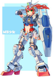 Rule 34 | 1girl, absurdres, ag 00000, arm behind head, fingerless gloves, gloves, green eyes, gundam, gundam 0083, gundam gp-01 zephyranthes, highres, holding, holding shield, looking to the side, mecha musume, open hand, red hair, shield, solo, standing, v-fin, v-shaped eyebrows