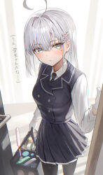 Rule 34 | 1girl, absurdres, ahoge, black necktie, black pantyhose, black vest, blush, buttons, closed mouth, commentary request, cowboy shot, double-breasted, expressionless, gloves, grey eyes, grey hair, hair between eyes, hair intakes, hair ornament, hairclip, hidulume, highres, holding, indoors, looking at viewer, medium hair, mole, mole under eye, necktie, original, pantyhose, pleated skirt, school uniform, shirt, shirt tucked in, skirt, solo, translation request, vest, white gloves, white shirt