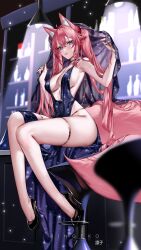 Rule 34 | 1girl, absurdres, animal ear fluff, animal ears, artist name, bare shoulders, black footwear, blue dress, blue eyes, blush, breasts, cat ears, commentary, dress, fox ears, fox girl, fox tail, full body, high heels, highres, indie virtual youtuber, kwando, large breasts, looking at viewer, parted lips, pink hair, ringeko-chan, sideboob, sitting, skindentation, smile, solo, tail, thigh strap, twintails, virtual youtuber